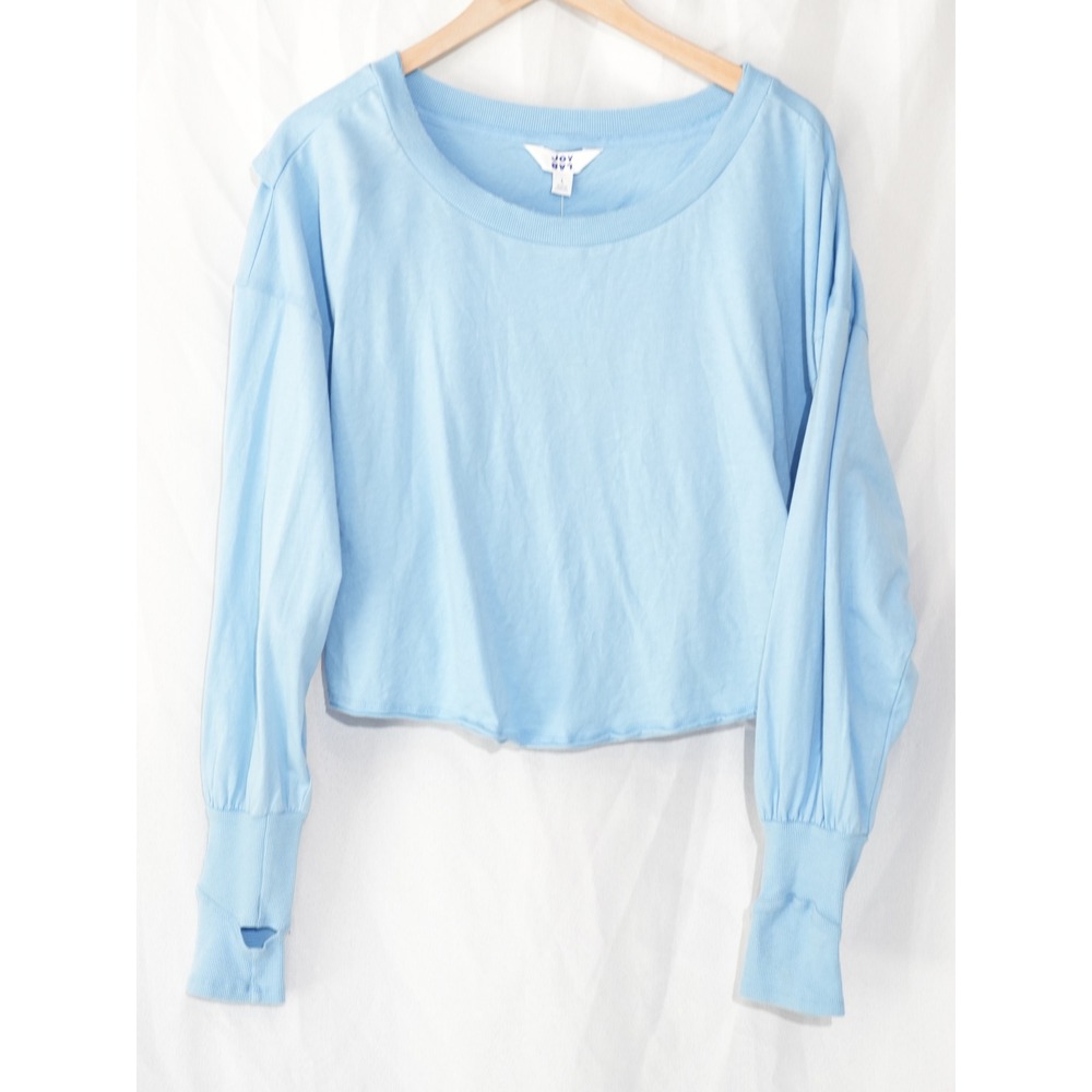 JoyLab Long-Sleeve Tee Women Large Blue Boxy Fit Thumbhole Tulip Wrap Back NWT - Picture 2 of 9